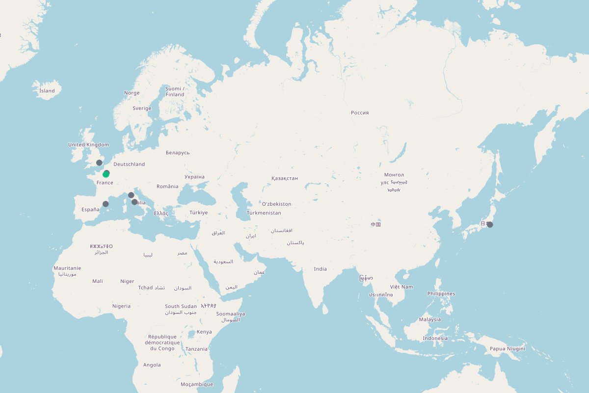 Travel map showing 34 places in Paris & Tokyo Guided City Exploration: Paris, Orsay Museum, Rome
