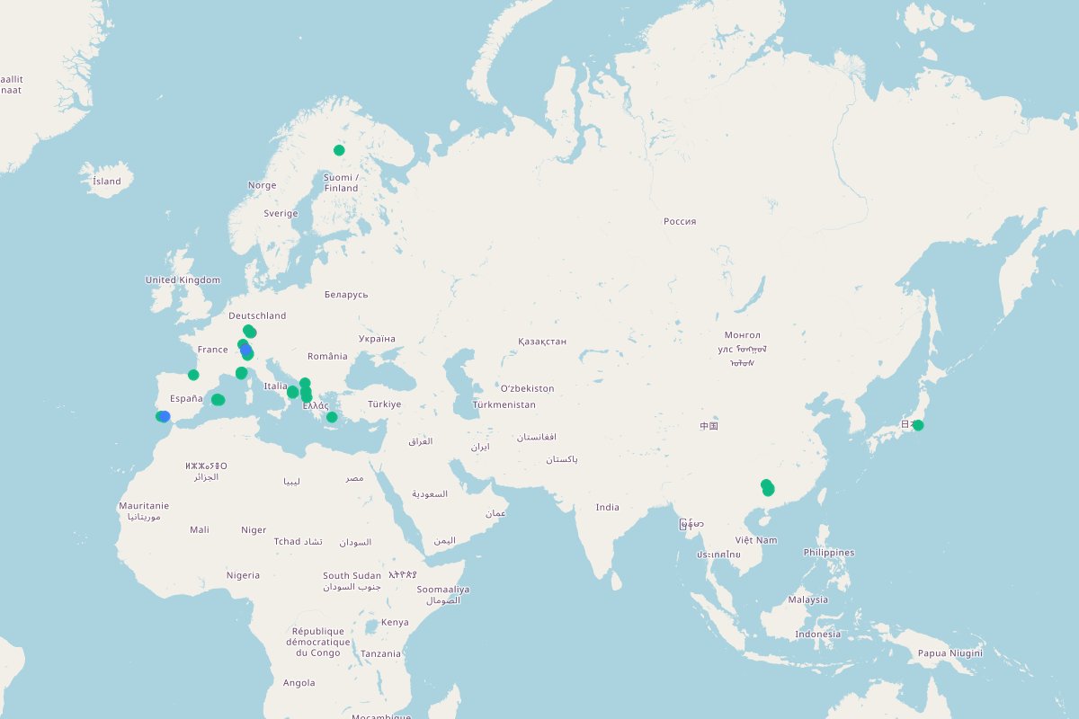 Travel map showing 57 places in Global Travel & Seasonal Adventures: Lappland, Yulong-Fluss, Li-Fluss