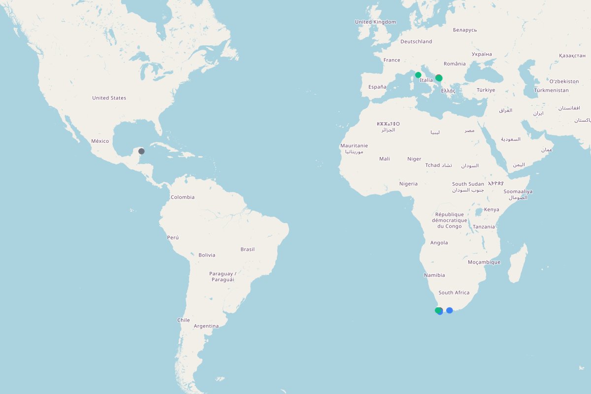 Travel map of Montenegro, South Africa, and Tulum, featuring 39 luxury stays and scenic activities curated by