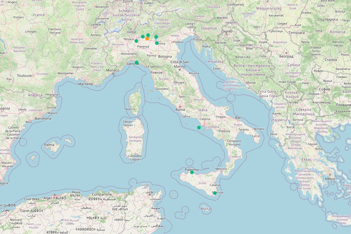 Travel map of underrated Italy summer vacation spots, including beach towns and historic cities, featuring 12 places by