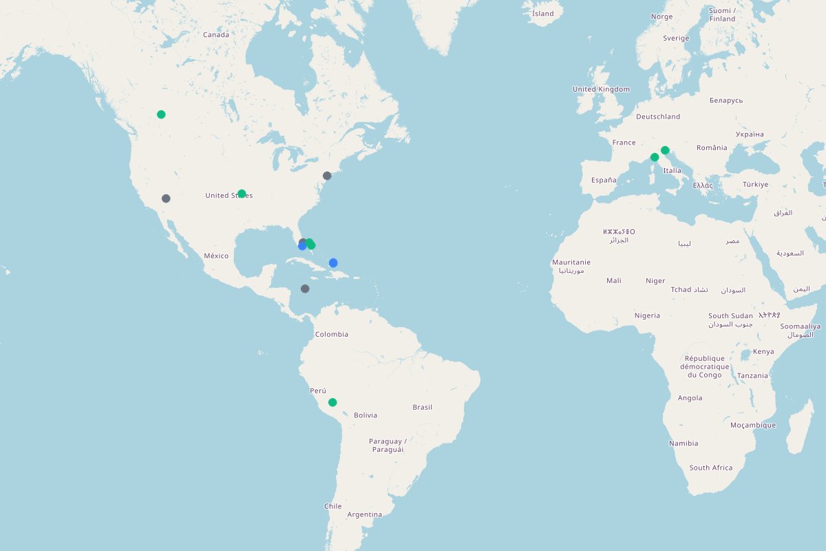 Travel map of global travel destinations and cruise experiences, featuring 16 places curated by @inteletravel.