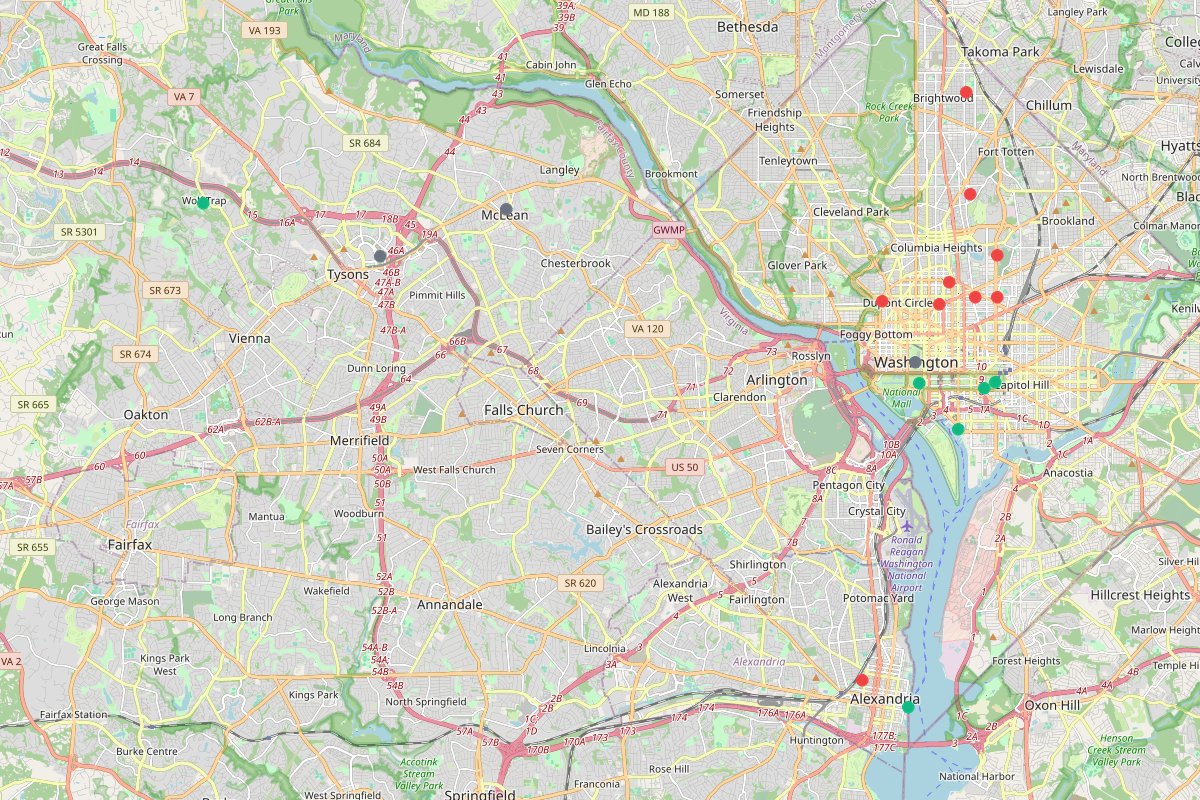 Travel map of Washington D.C. holiday exhibits and Oktoberfest events, featuring 18 places curated by @daycationdc.
