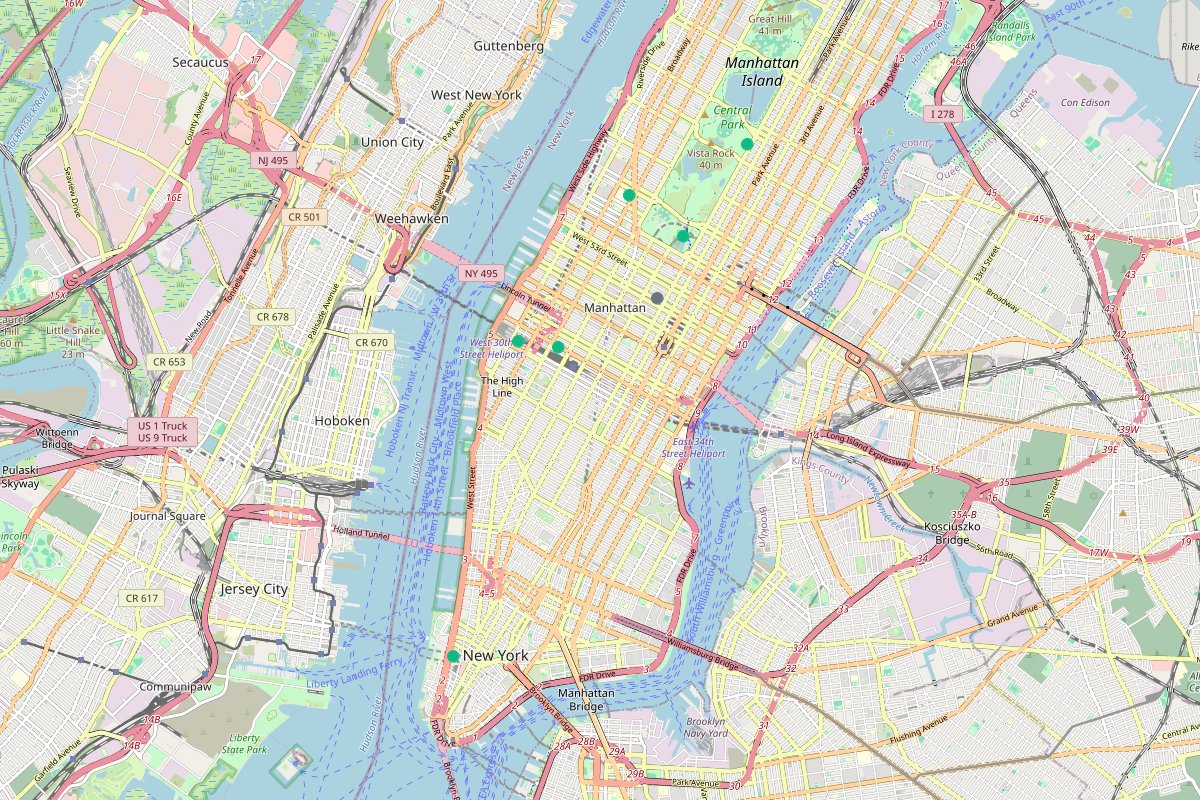 Travel map showing 7 places in New York Map 4 U: New York City, Hudson Yards, Zuccotti Park