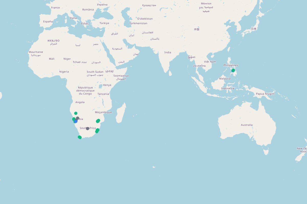 Travel map of South Africa and Namibia, featuring 48 luxury stays, safaris, and desert landscapes curated by