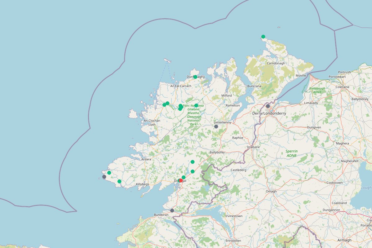 Travel map of Donegal, Ireland, featuring 27 hiking trails, historical sites, and outdoor activities curated by @ottsworld.