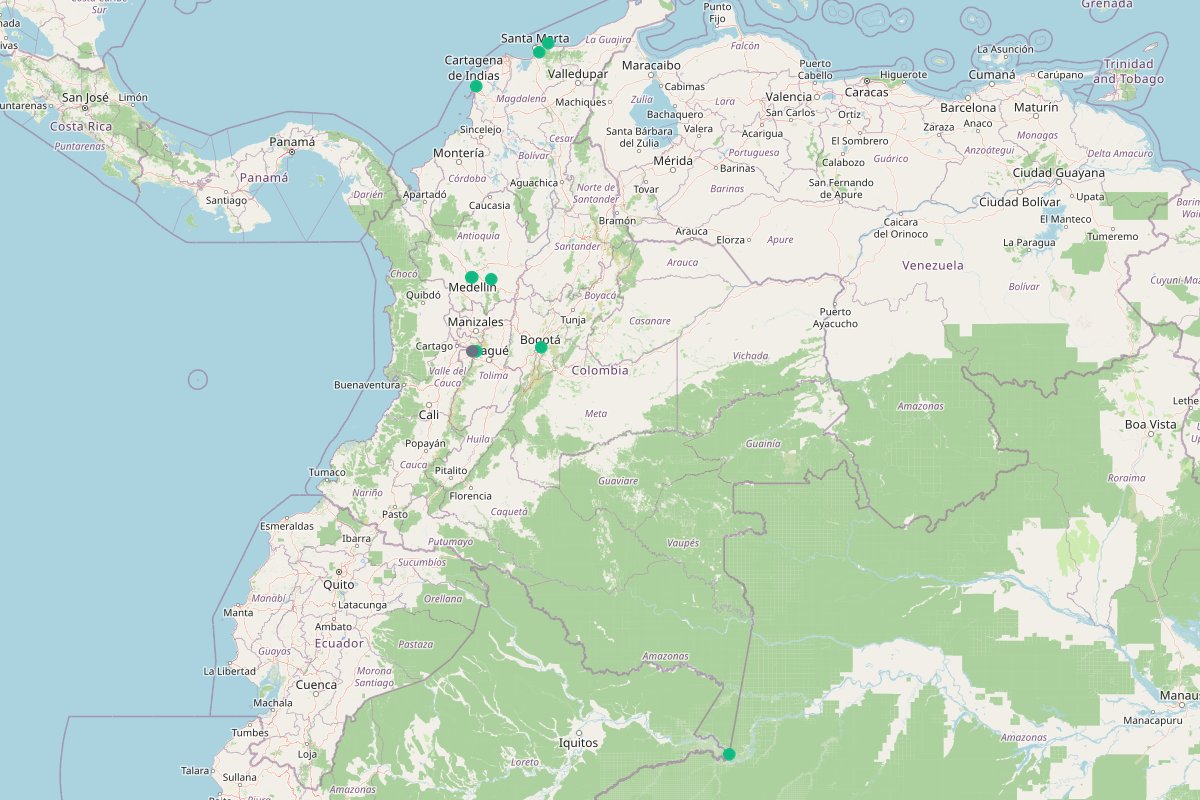 Travel map of Colombia's cities, natural landscapes, and wildlife, featuring 12 places curated by @travelwithissa.