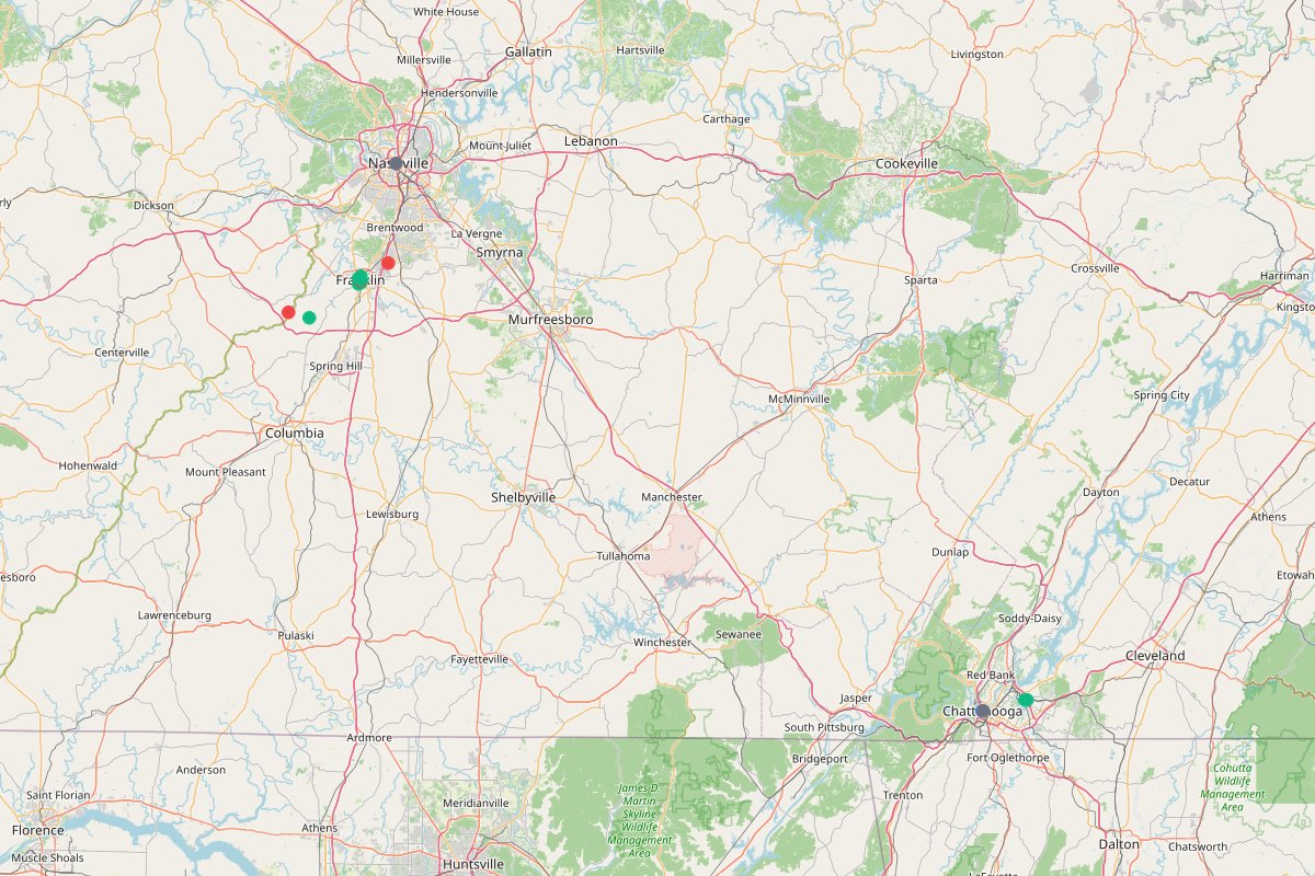 Travel map of charming towns and quirky finds in Tennessee, featuring 33 places curated by @emilygoesplaces.