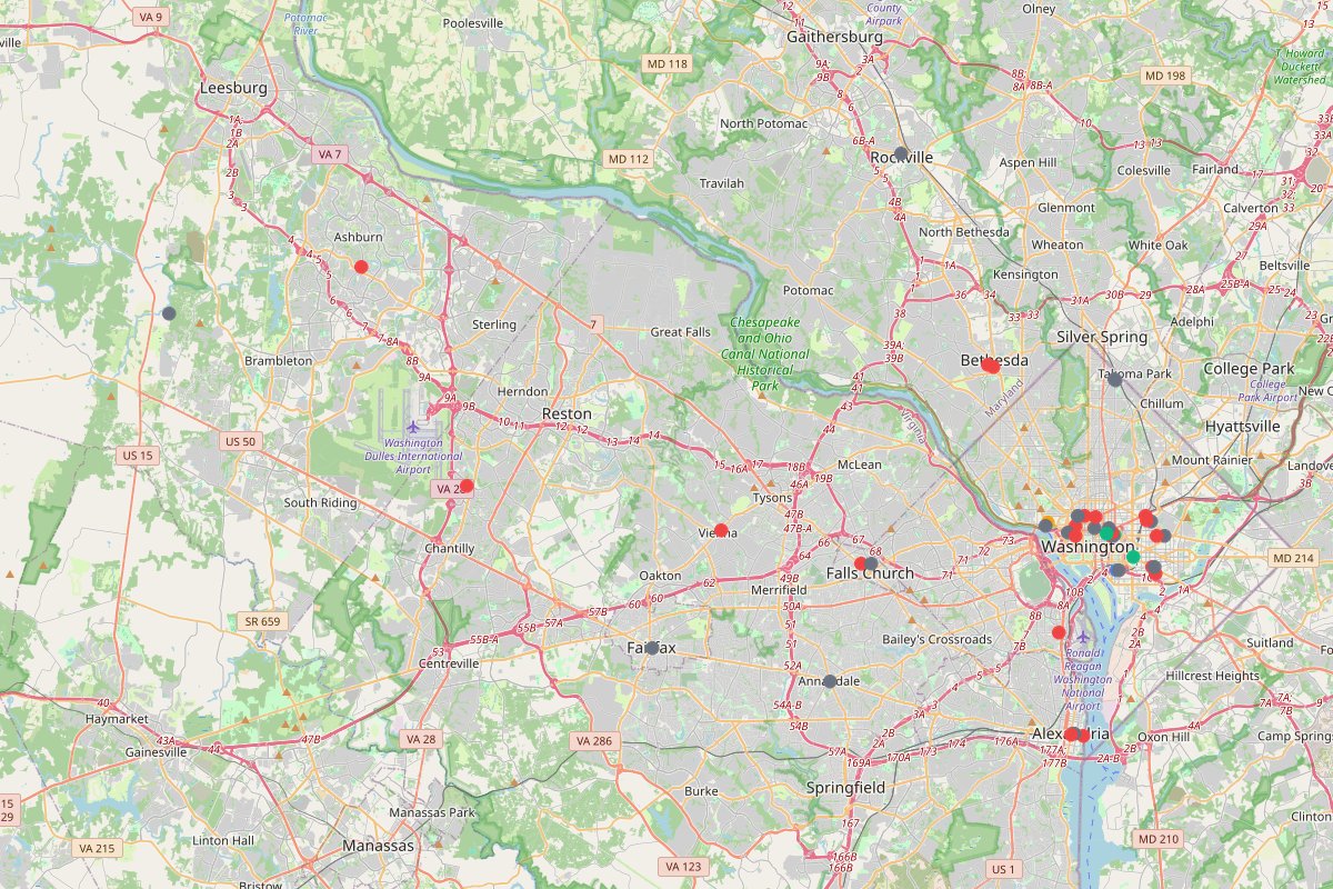 Travel map of Washington DC, Maryland, and Virginia restaurants and cafes, featuring 60 places curated by