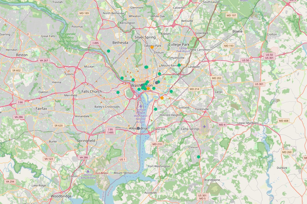 Travel map of family-friendly activities in Washington DC and the DMV area, featuring 29 places curated by @4dmvkids.