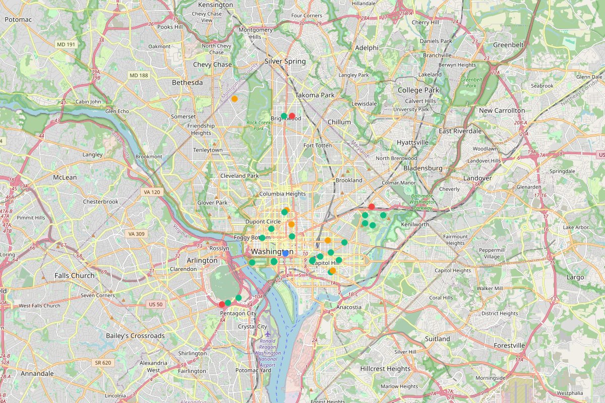 Travel map of Washington D.C. neighborhoods and attractions, featuring 36 places curated by @austinkgraff.