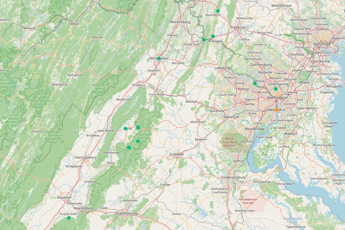 Travel map of Washington DC area fall foliage and scenic spots, featuring 17 places curated by @journeyto1000cities.