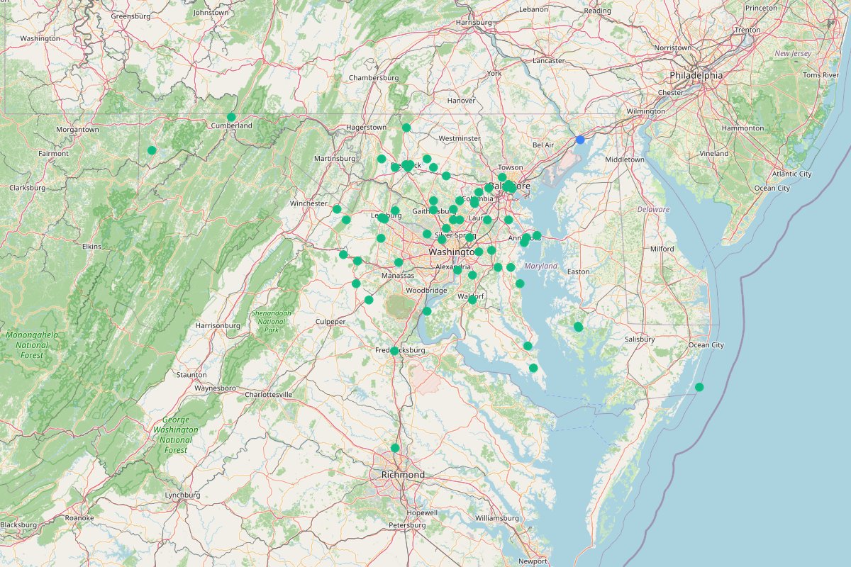 Travel map of family-friendly activities in the DMV area, featuring 74 places curated by @dcmoms.