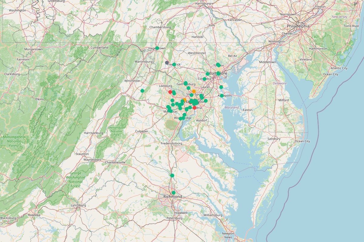 Travel map of family activities in Washington DC, Maryland, and Virginia, featuring places curated by @kidsaroundthedmv.