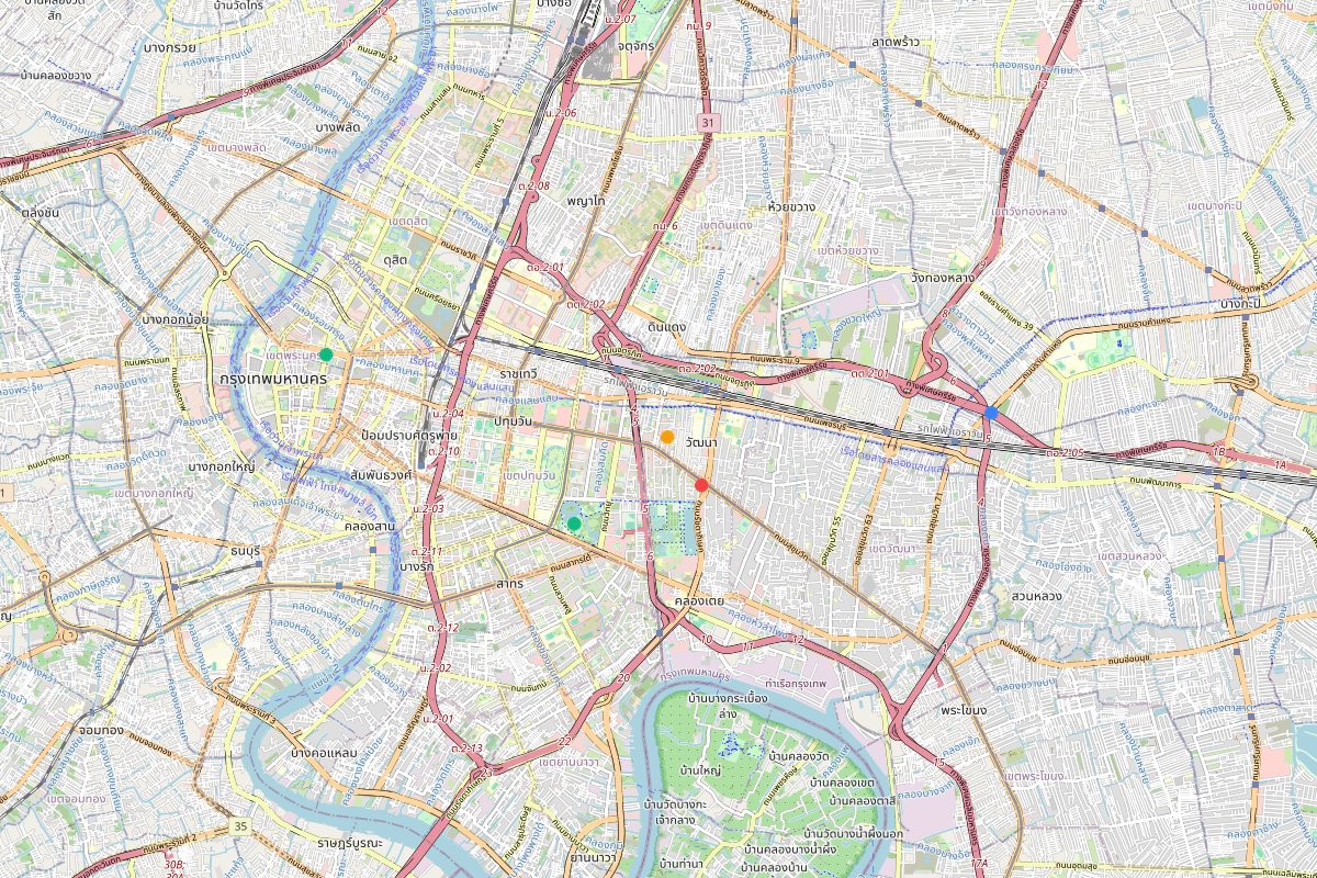 Travel map of Bangkok urban exploration and local spots, featuring 6 places curated by @char.saf.