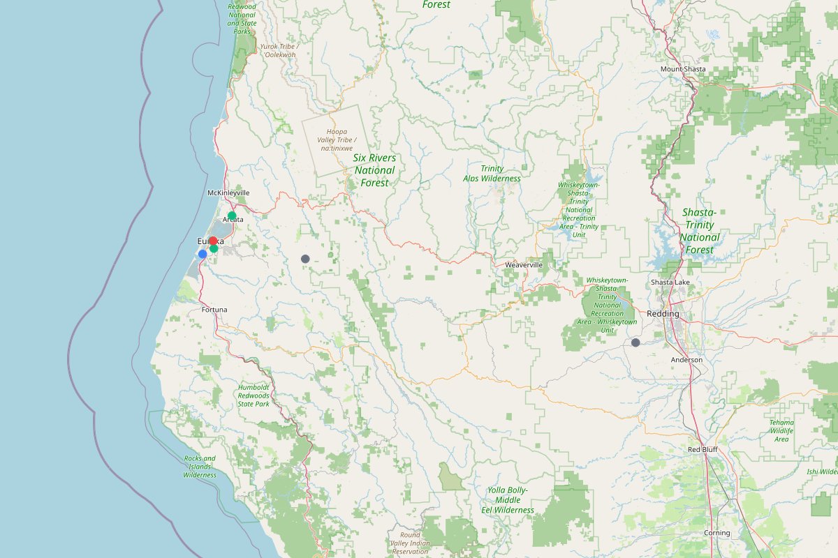 Travel map of Eureka's redwood forest activities and cabin stays, featuring 9 places curated by @kenzielynnbenvenuti.