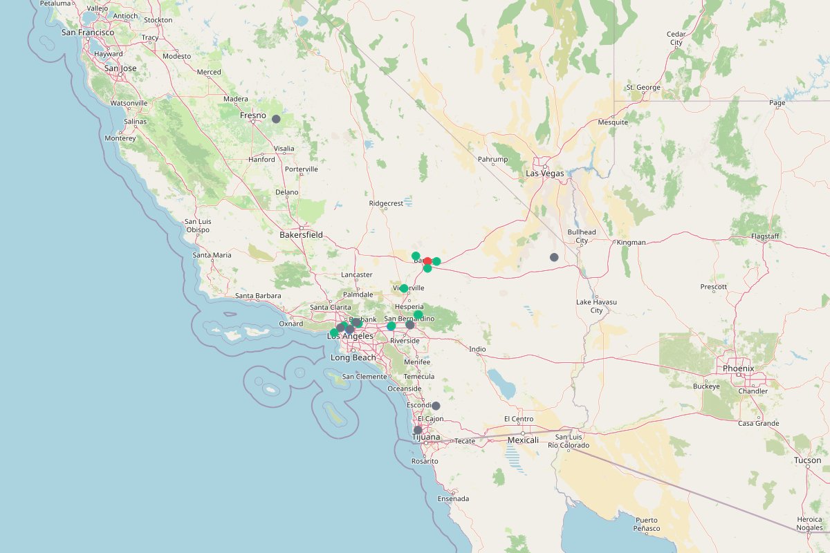 Travel map of California Route 66 road trip attractions and unique stays, featuring 25 places curated by @asyatravels
