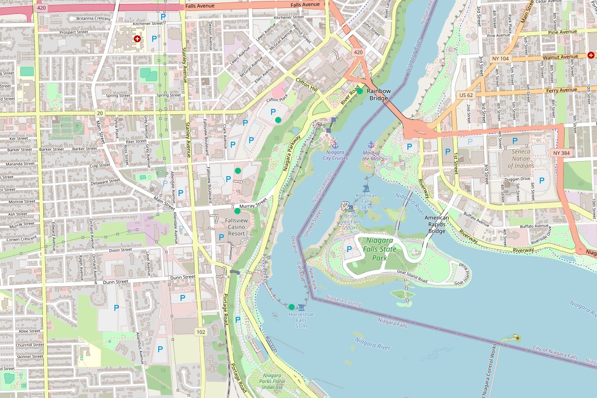 Travel map of Niagara Falls attractions and landmarks in Ontario, Canada, curated by @mariadroulis.